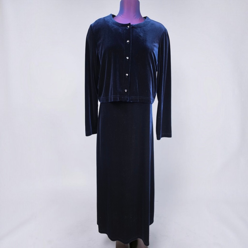 Ronni Nicole Navy Blue Velvet Maxi Dress & Cropped Cardigan Set 12P Vintage